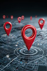Futuristic digital map interface with red location markers representing GPS tracking and navigation system