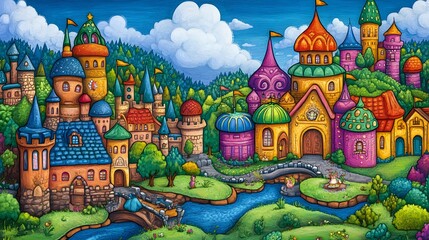 Colorful fairytale town with whimsical castles and a meandering river.