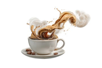 PNG Dynamic coffee splash with cream in white cup on saucer