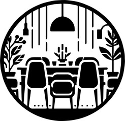 circular black and white illustration of dining setup with chairs, hanging lamp, potted plants inside round frame