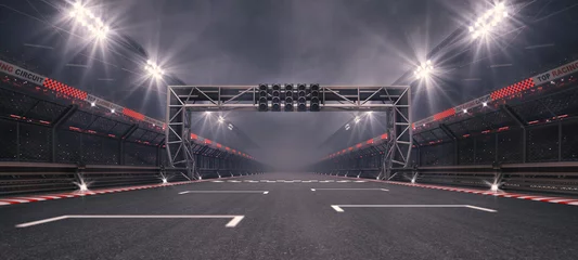 Fotobehang Formule 1 Empty pole position and racetrack finish line with steel gate and glowing floodlights illuminated sport stadium at night. Professional 3D illustration for racing sports advertising.  © LeArchitecto