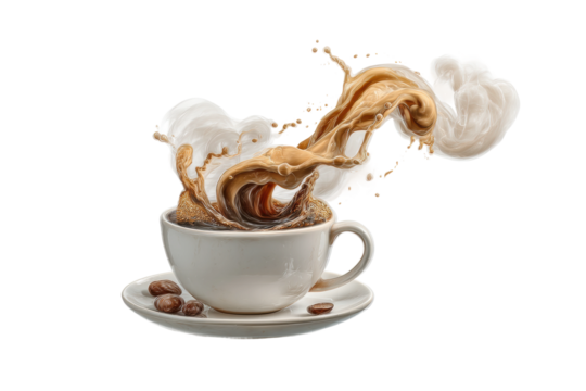 PNG Dynamic coffee splash with cream in white cup on saucer - Powered by Adobe