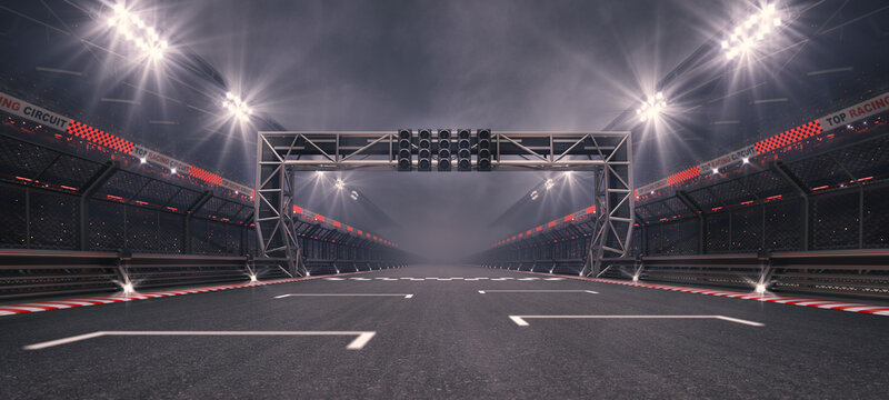 Empty pole position and racetrack finish line with steel gate and glowing floodlights illuminated sport stadium at night. Professional 3D illustration for racing sports advertising.