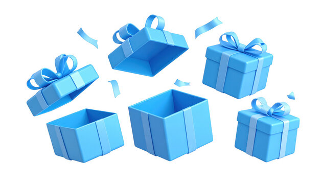Cheerful Blue Gift Boxes with Bows and Confetti Falling Down