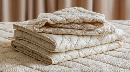 Soft folded beige quilt and bedspread stacked on bed with cozy fabric texture in natural warm lighting