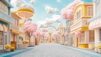 Charming Candyland Avenue: A whimsical pastel-colored street scene with a playful aesthetic - Powered by Adobe