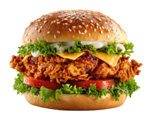 Fried chicken burger delight fast food restaurant food bright isolated on transparent background
