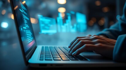 Hands typing on a laptop keyboard with data analytics charts and graphs displayed on the screen in a modern office setting