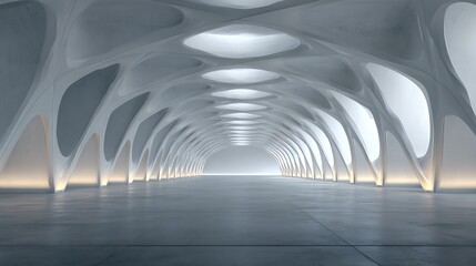 3D render of abstract structure futuristic architecture with bloom light, empty concrete floor, perfect for an elegant car exhibition space
