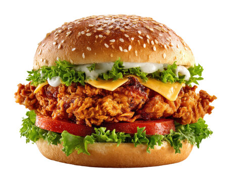Fried chicken burger delight fast food restaurant food bright isolated on transparent background