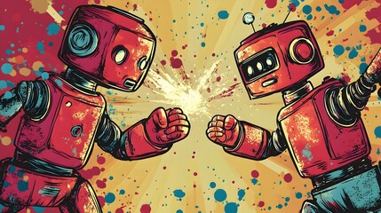 Obraz premium Two vintage-style robots facing off in a dynamic pose.