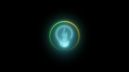 Glowing Neon Lightbulb with Lightning Bolt Icon on a Black Background for Creative Concepts