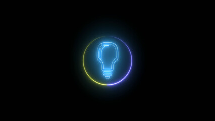 Neon Light Bulb Icon on Black Background