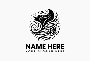 Monochromatic tribal art vector logo of a swimming manta ray with intricate dot patterns and ocean waves  