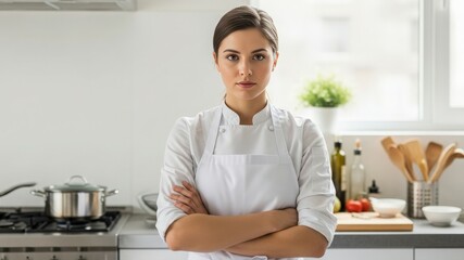 Professional female chef portrait in kitchen with crossed arms and serious expression ready to cook