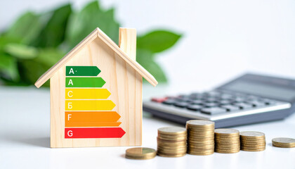 Wooden house model with energy efficiency label and coins on table