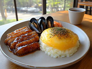 Delightful gourmet dish of tender eel, perfect sushi rice, and fresh mussels served in a serene cafe setting in the afternoon sun