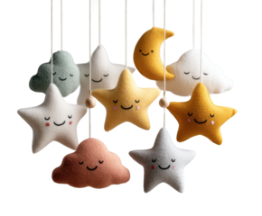 Charming plush star and moon mobiles nursery soft toys bright colors whimsical atmosphere isolated on transparent background