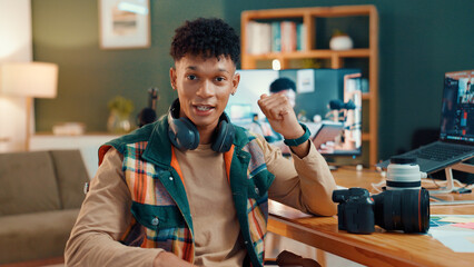 Influencer, content creator and portrait of man in home for broadcast, entertainment and vlog. Live...