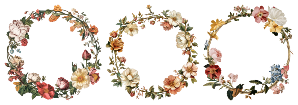 PNG Vintage floral wreaths illustration, element set on transparent background