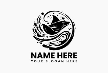 Tribal art style manta ray vector logo with intricate dot patterns and swirling ocean wave elements in monochrome