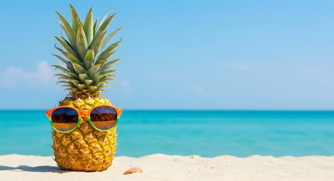 Pineapple with sunglasses on beach