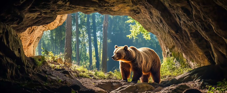 Brown bear emerging from cave into lush forest environment