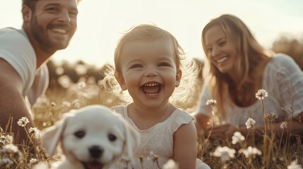 Happy Family and Dog Playing in a Golden Field