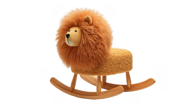 Plush lion shaped rocking chair featuring wooden rockers, isolated on a transparent background, creating a delightful addition to any child's room or nursery decor