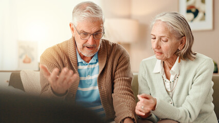 Frustrated, senior couple and argument with disagreement for financial crisis or debt at home....