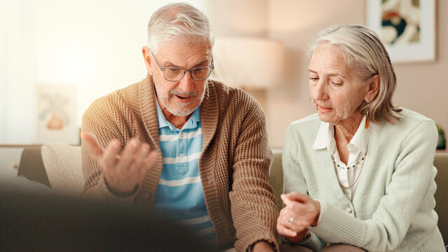 Frustrated, senior couple and argument with disagreement for financial crisis or debt at home. Upset, elderly man and woman with fight for poor pension fund, decline or bad news at retirement house