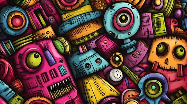 A colorful, intricate pattern of cartoon robots and mechanical elements.