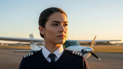 Female pilot career aviation airplane flight travel professional success confident woman pilot uniform job