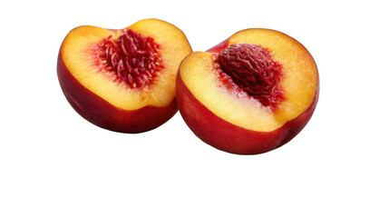 Two juicy peach halves, freshly cut and revealing their pits, are presented against a transparent background, ready for use in various design projects