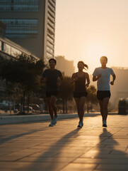 Obraz premium Morning Urban Jogging Group at Sunrise, Healthy Lifestyle Concept