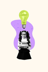 Trend artwork sketch design 3D collage of shocked young schoolgirl hand hold pile book idea lamp back class classroom college education