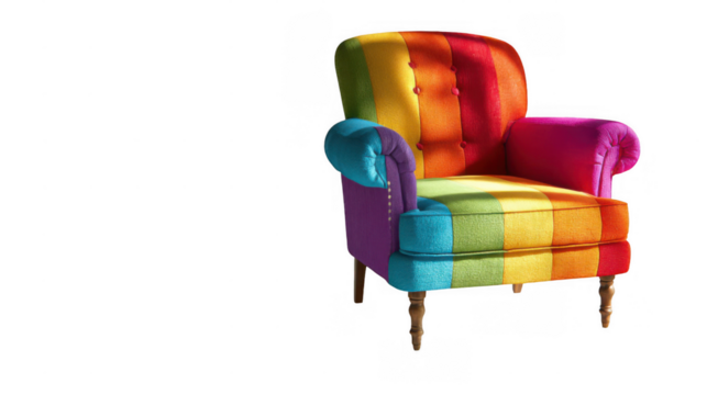 Comfortable rainbow colored armchair casting vibrant shadows on a transparent background, enhancing interior design projects with playful creativity and unique style