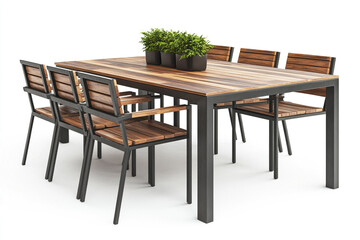 Modern outdoor dining set featuring a sleek metal frame wooden table and comfortable slatted chairs perfect for patio entertaining