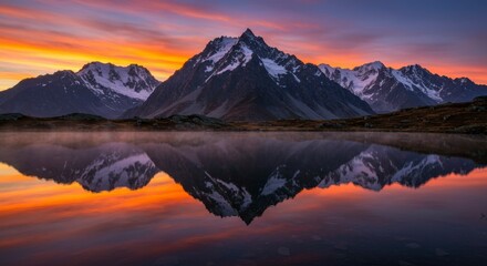 Fototapeta premium Serene sunrise paints a majestic mountain range reflected in a still lake, creating a breathtaking mirror image