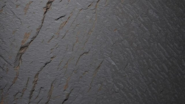 Textured dark grey stone surface rotating slowly, exposing intricate geological patterns under soft light, highlighting natural material's nuanced gradient and structural depth