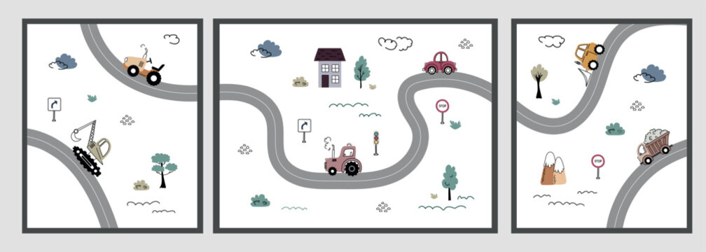Set of children's posters with cute cars, roads and landscape. Fun banners for boys' rooms. Different vehicles on a white background. Vector illustration.