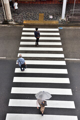 小雨の日に横断歩道を渡る人々