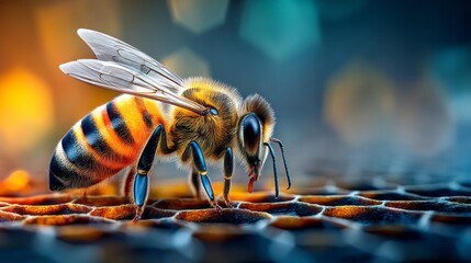 Close-up of a vibrant honey bee perched on a honeycomb, showcasing intricate details of its body and wings, with a blurred colorful background enhancing the natural beauty