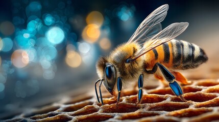 Close-up of a honeybee collecting nectar from a honeycomb, showcasing intricate details of its body and the vibrant textures of the honeycomb surface, highlighting nature's beauty
