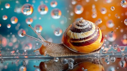 Colorful snail with a spiral shell gliding over a reflective surface, surrounded by droplets of water, creating a vibrant and dynamic natural scene with a sense of tranquility