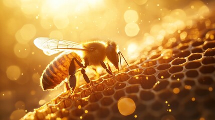 Close-up of a honeybee on a honeycomb, surrounded by golden light, showcasing intricate details of the bee and the hexagonal structure, emphasizing nature's beauty and pollination process
