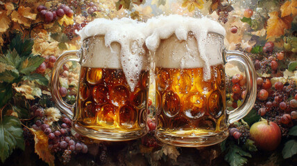 Two glasses of frothy beer against a background of fall leaves and fruits. Used in materials about beer festivals and seasonal drinks.