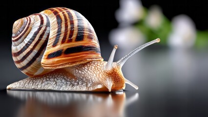 Close-up of a colorful snail with intricate shell patterns, slowly moving across a reflective surface, surrounded by soft blurred greenery, showcasing nature's delicate beauty and detail