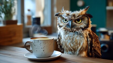 Owl perched on wooden table beside a coffee cup, showcasing a cozy indoor setting with natural light filtering through windows, creating a warm atmosphere