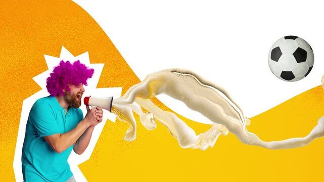 Stop motion. Animated clip. Man in purple wig shouting to megaphone and wave of beer floating of it with football. Trendy magazine style. Concept of International beer day, fans, competition